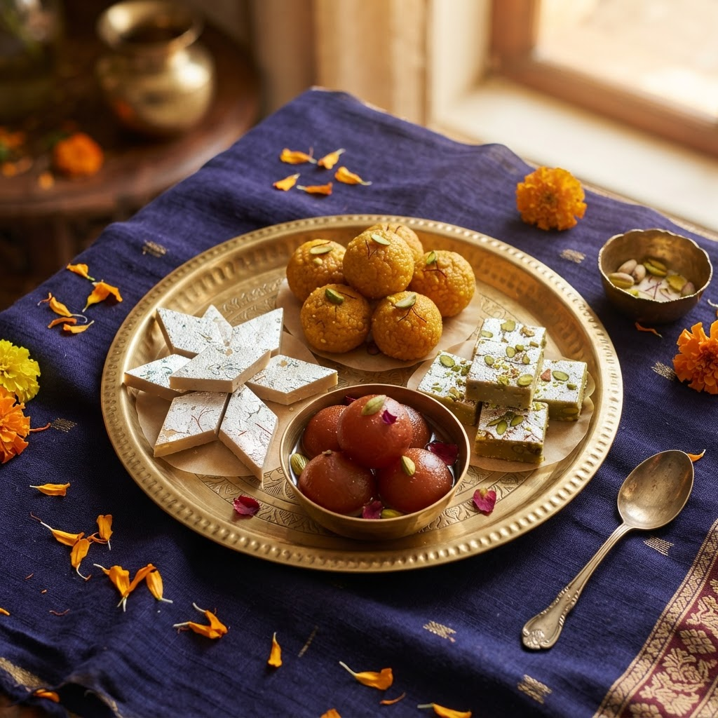A festive assortment of Indian sweets served in a brass thali